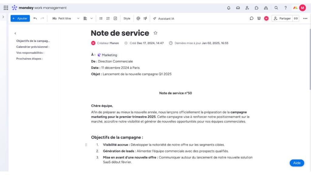 Note de service monday.com